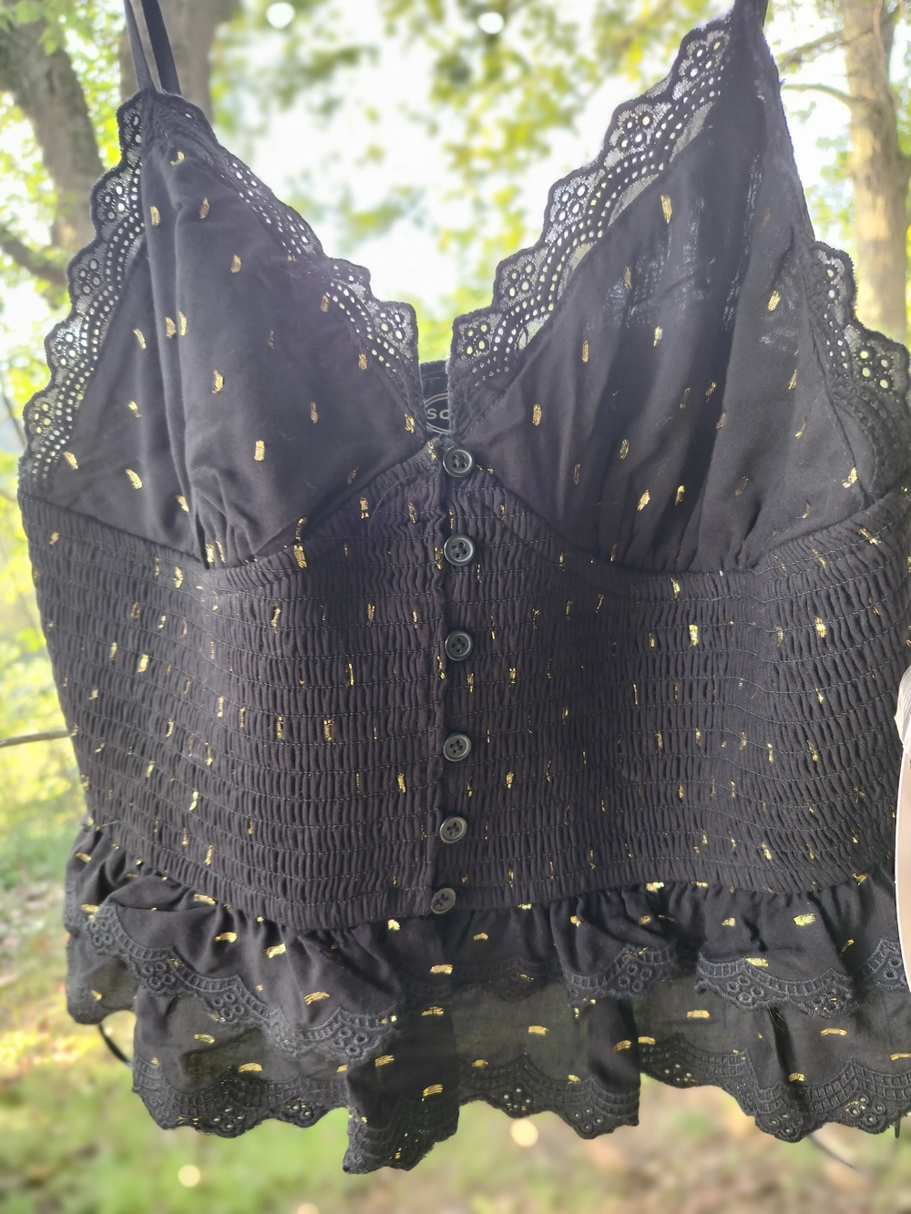 Women’s Black Lace-Trim Button Front Tank Top with Gold Accents